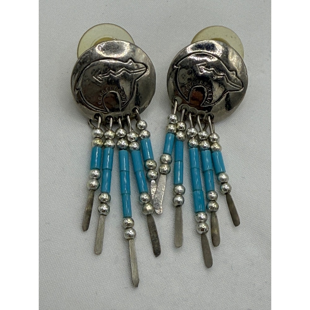 Southwestern Stamped Bear Turquoise Bead Dangle Fringe Earrings Silver Tone